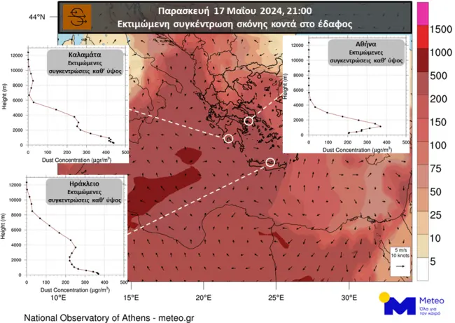 Οι εκτιμώμενες συγκεντρώσεις σκόνης κοντά στο έδαφος τις βραδινές ώρες της Παρασκευής 17/5 και τα διαγράμματα συγκέντρωσης σκόνης καθ’ ύψος για Αθήνα, Καλαμάτα, Ηράκλειο.