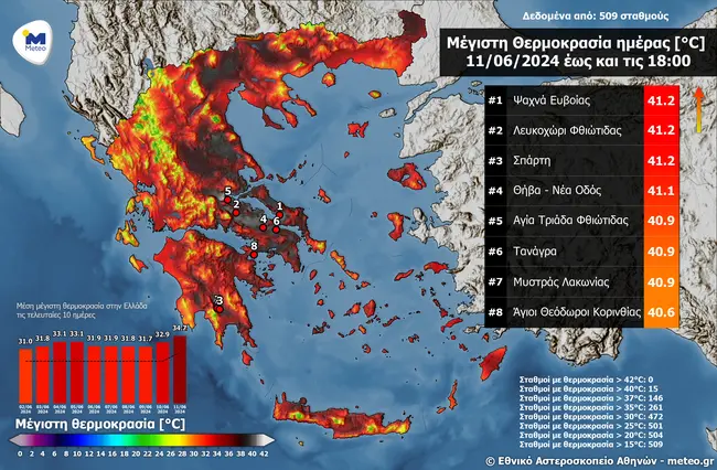 Ο χάρτης του Meteo για τον καύσωνα